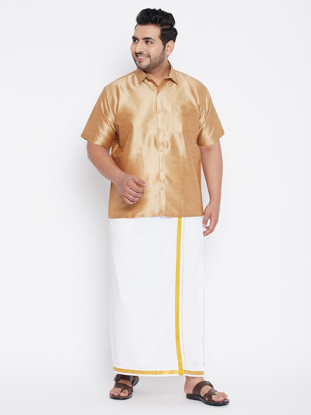 Men's Plus Rose Gold And White Silk Blend Shirt And Mundu Set - Vastramay