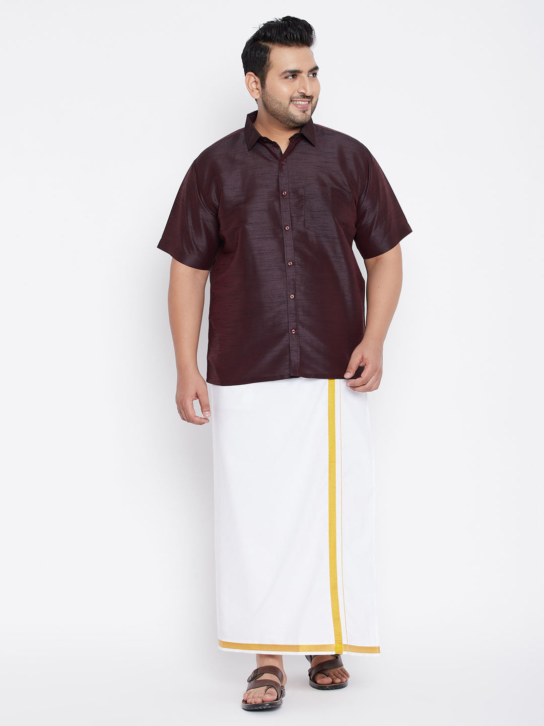 Men's Plus Wine And White Silk Blend Shirt And Mundu Set - Vastramay