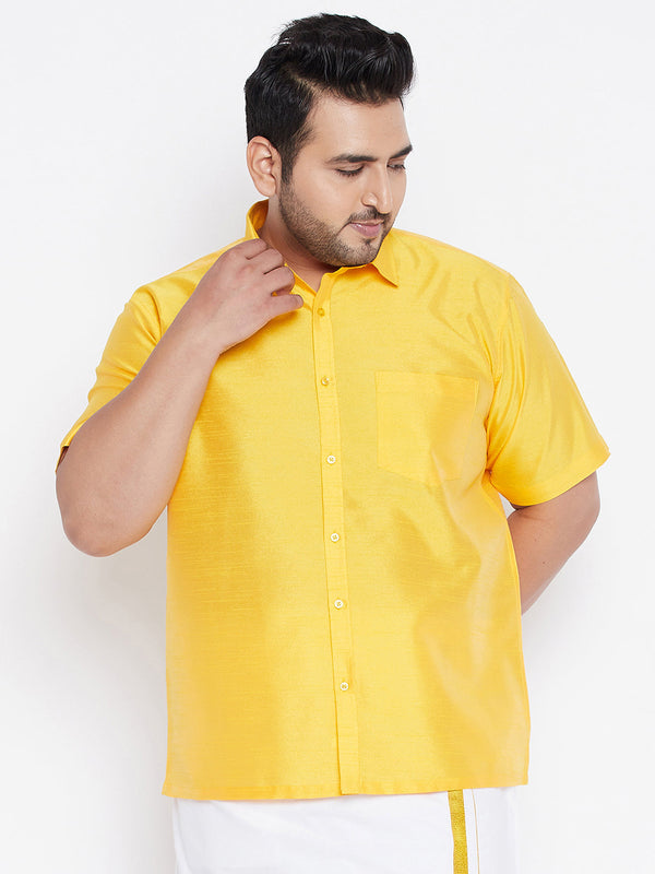 Jashvi Men's Plus Size Yellow Silk Blend Ethnic Shirt