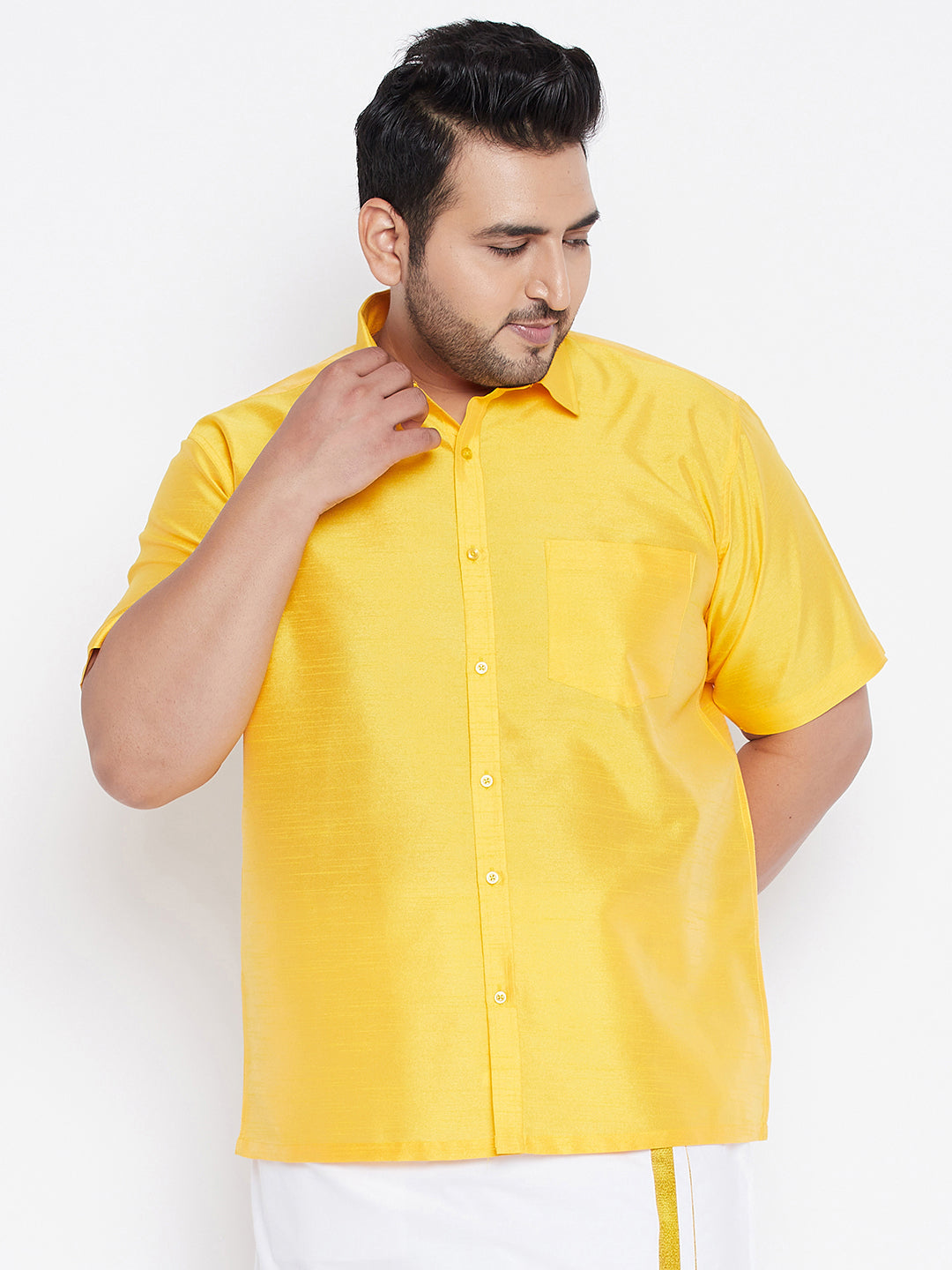 Men's Plus Yellow Silk Blend Ethnic Shirt - Vastramay