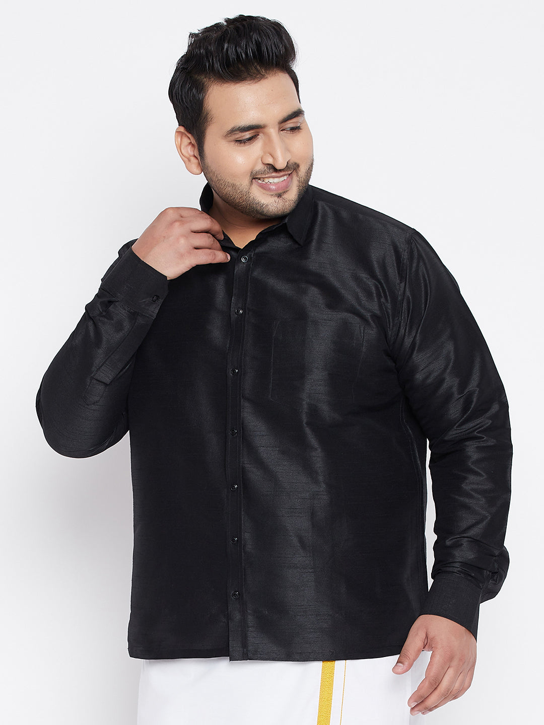 Men's Plus Black Silk Blend Ethnic Shirt - Vastramay