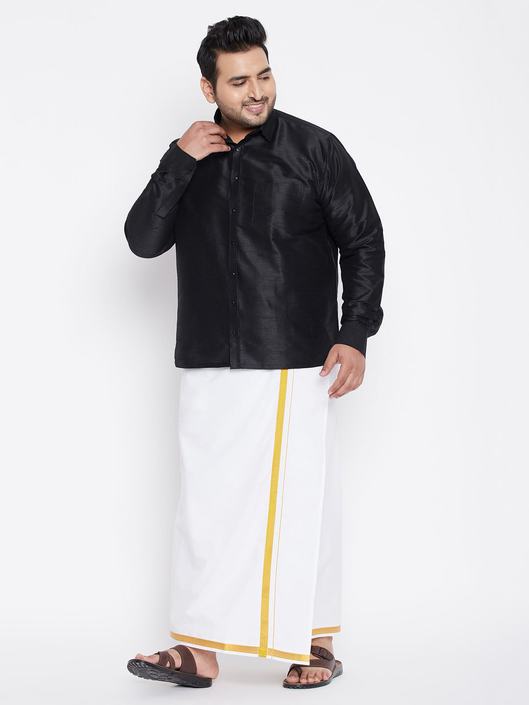 Men's Plus Black And White Silk Blend Shirt And Mundu Set - Vastramay