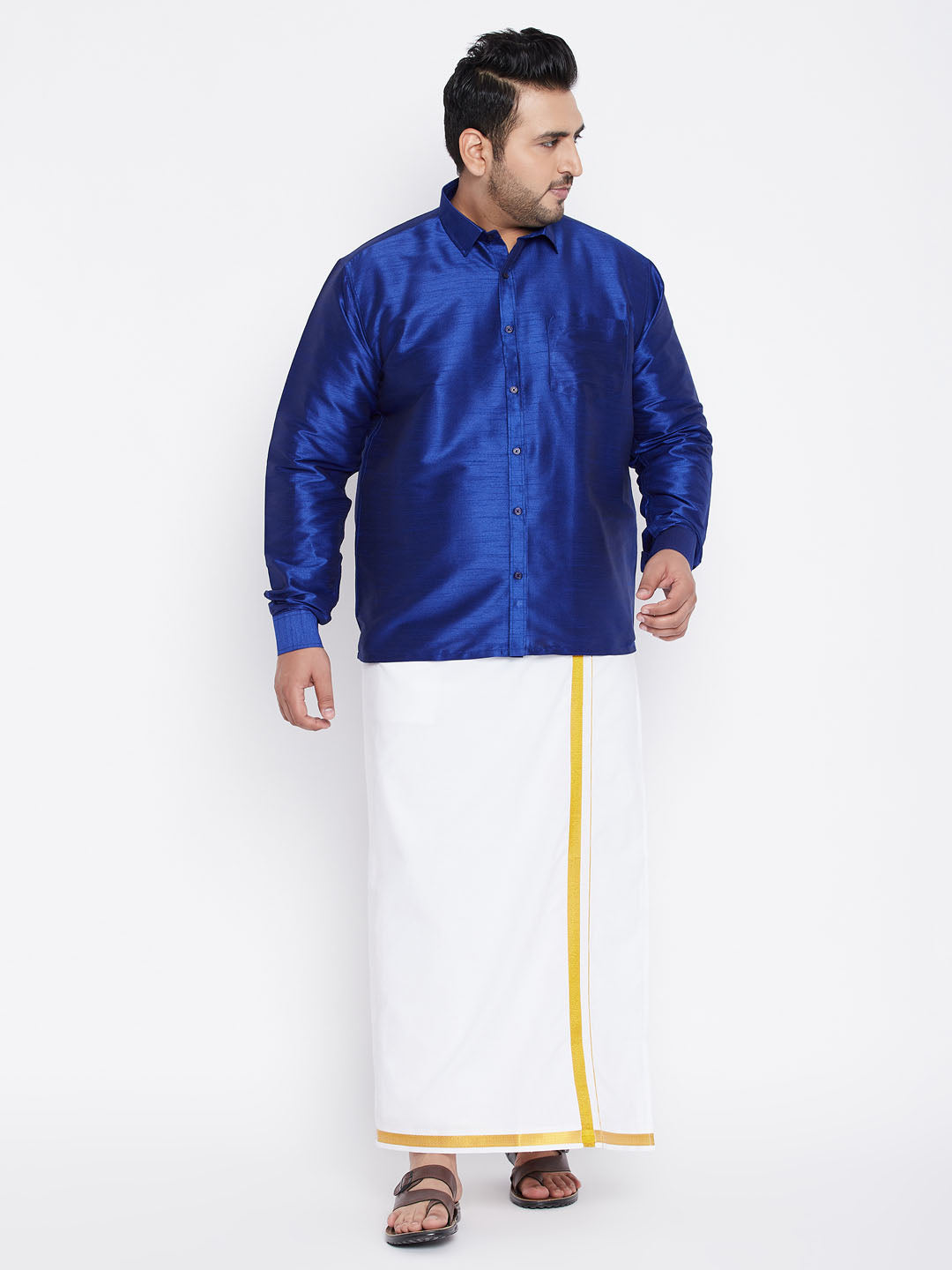 Men's Plus Blue And White Silk Blend Shirt And Mundu Set - Vastramay