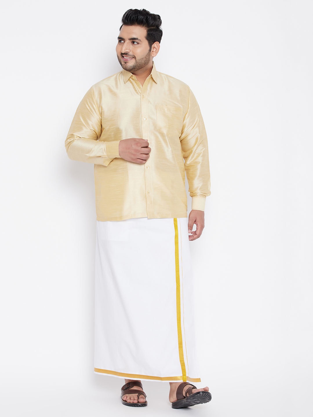 Men's Plus Gold And White Silk Blend Shirt And Mundu Set - Vastramay