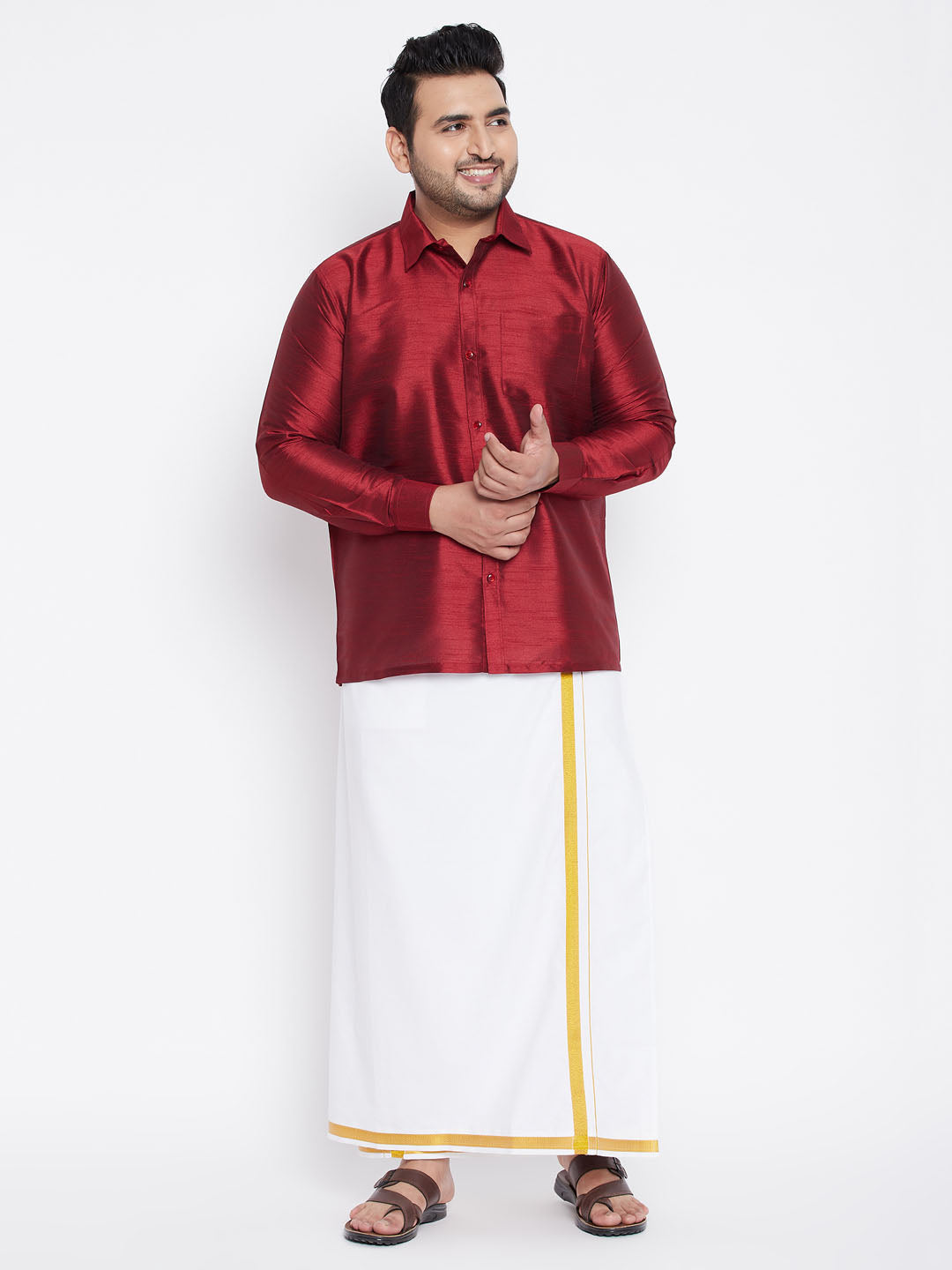 Men's Plus Maroon And White Silk Blend Shirt And Mundu Set - Vastramay