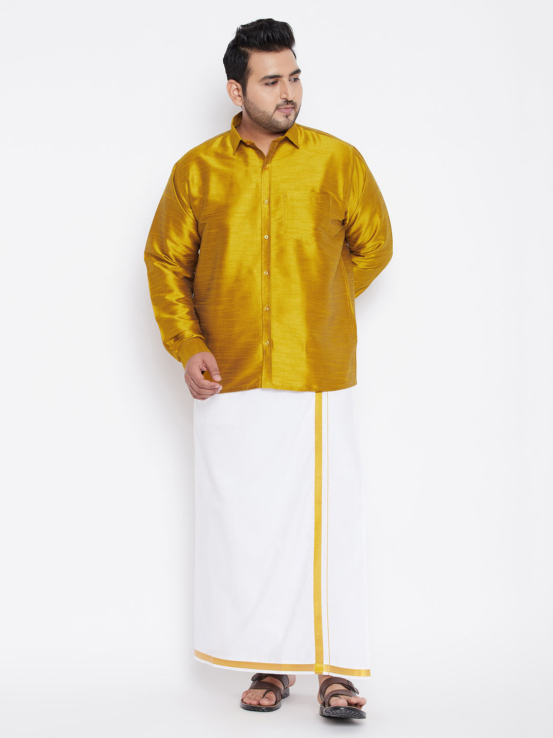 Men's Plus Mustard And White Silk Blend Shirt And Mundu Set - Vastramay