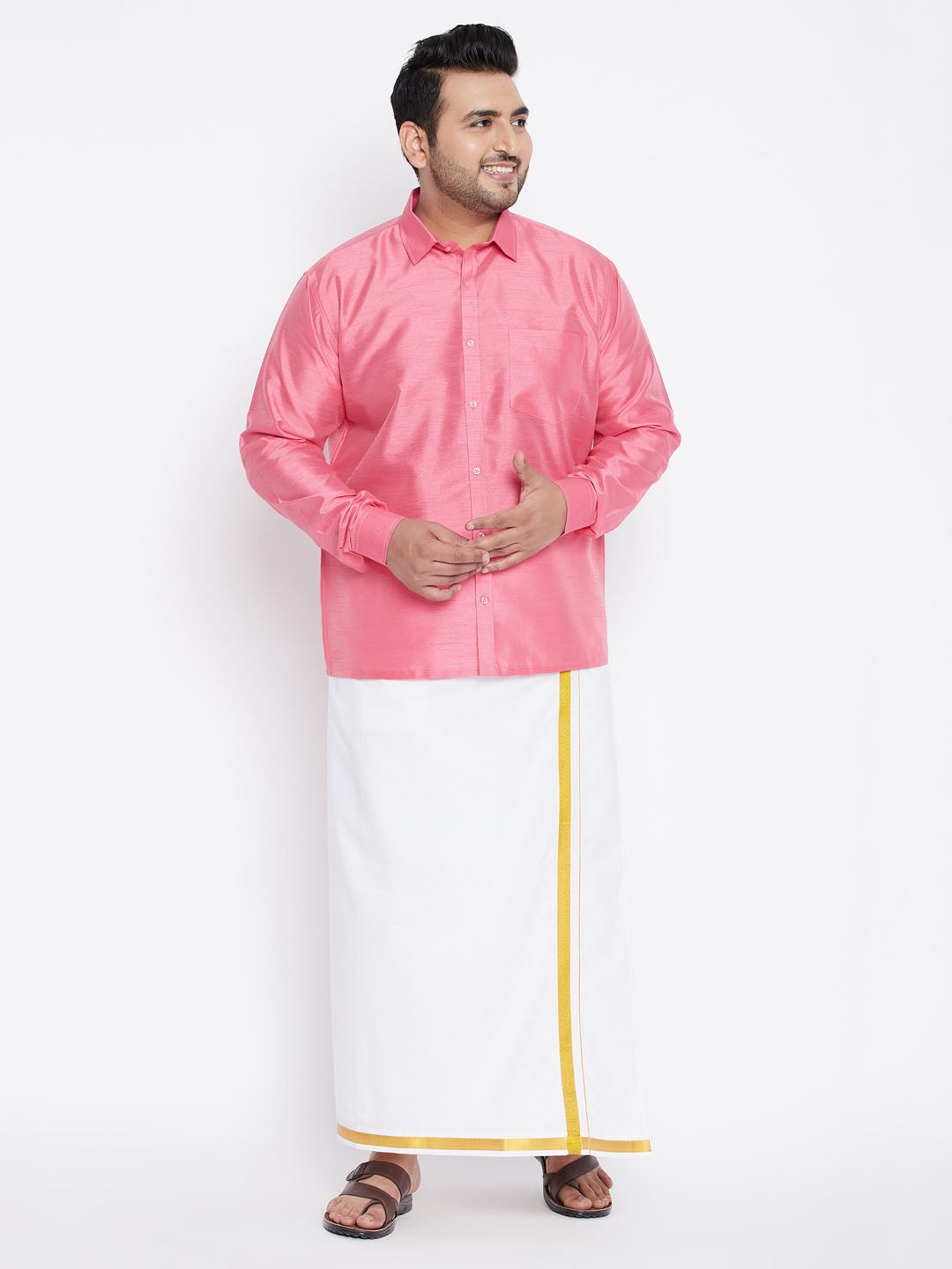 Men's Plus Pink And White Silk Blend Shirt And Mundu Set - Vastramay