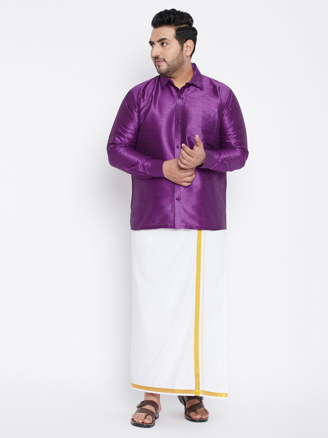 Men's Plus Purple And White Silk Blend Shirt And Mundu Set - Vastramay