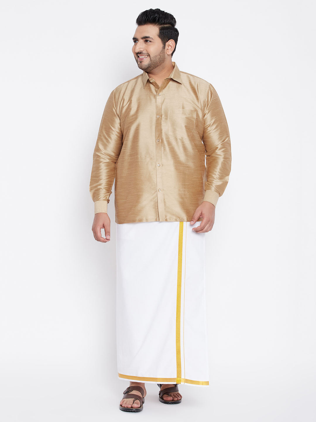 Men's Plus Rose Gold And White Silk Blend Shirt And Mundu Set - Vastramay