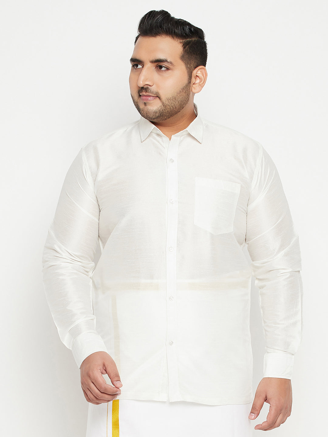 Men's Plus White Silk Blend Ethnic Shirt - Vastramay