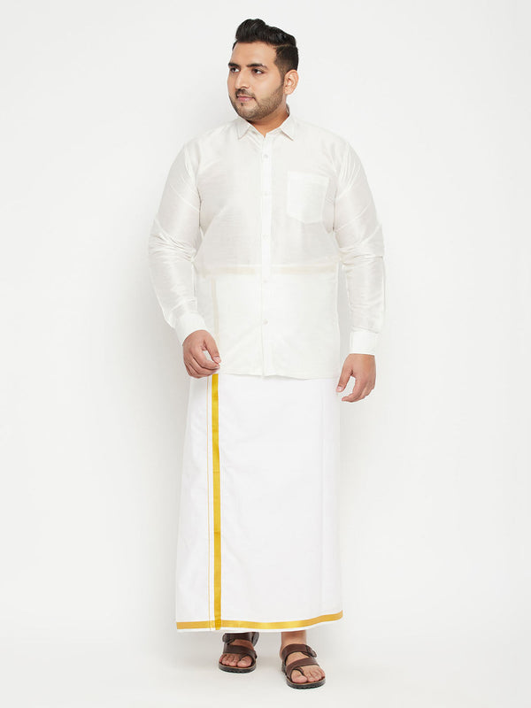 Jashvi Men's Plus Size White Silk Blend Shirt And Mundu Set