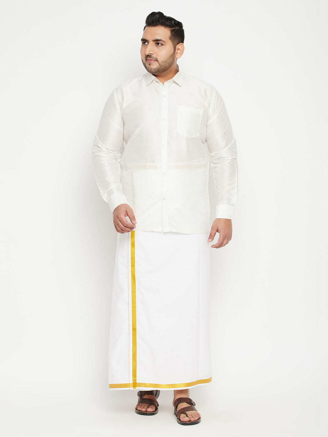 Men's Plus White Silk Blend Shirt And Mundu Set - Vastramay