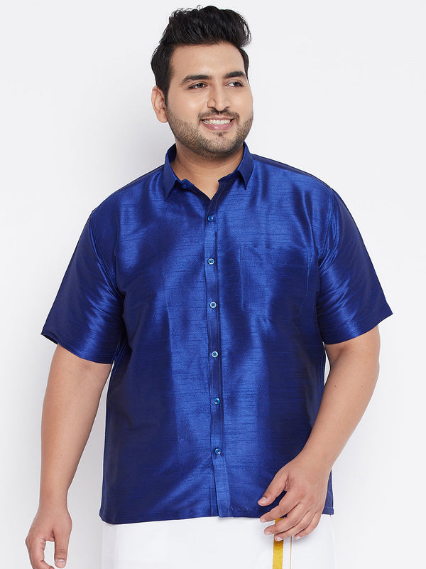 Jashvi Men's Plus Size Blue Silk Blend Ethnic Shirt