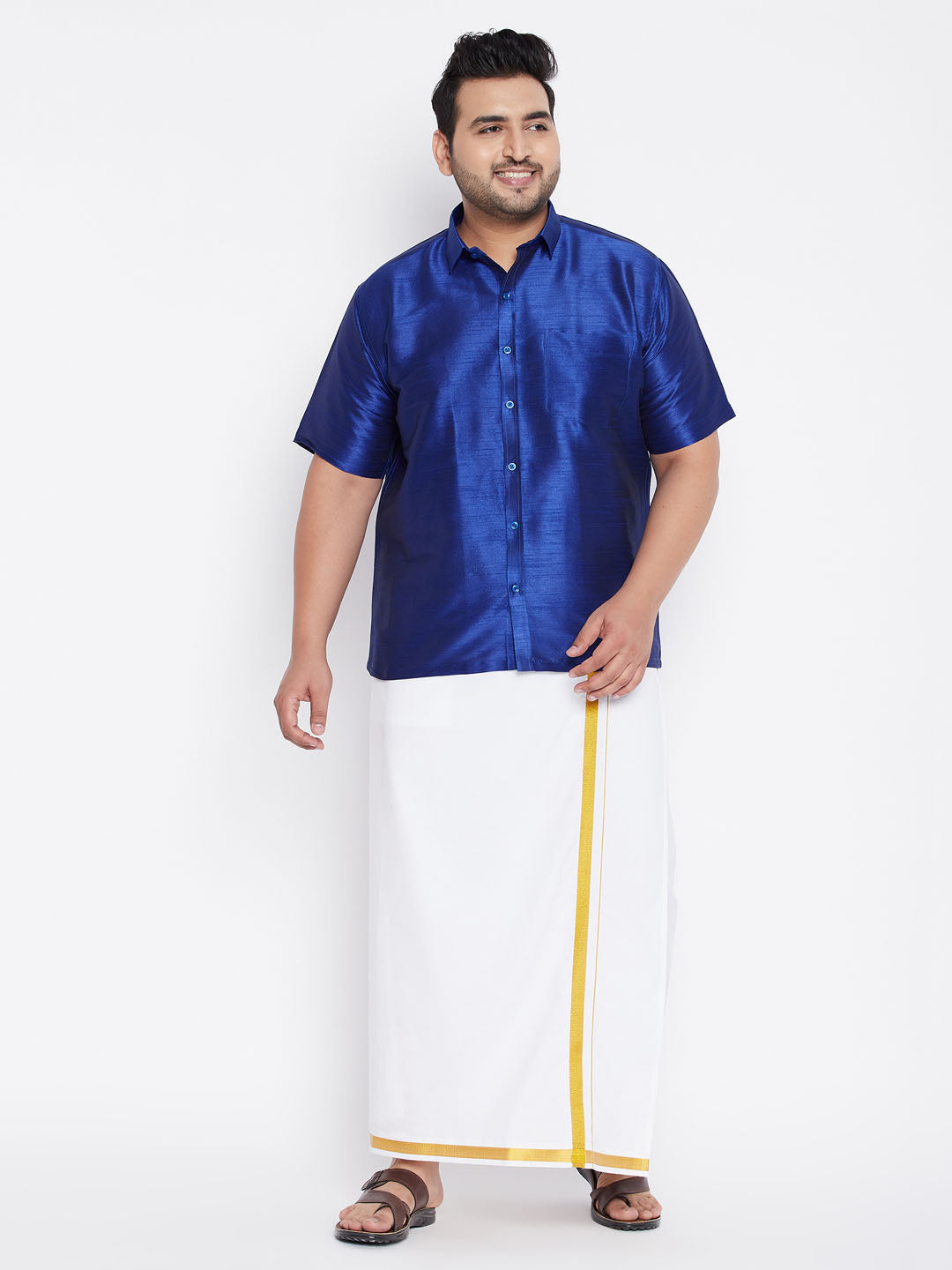 Men's Plus Blue And White Silk Blend Shirt And Mundu Set - Vastramay