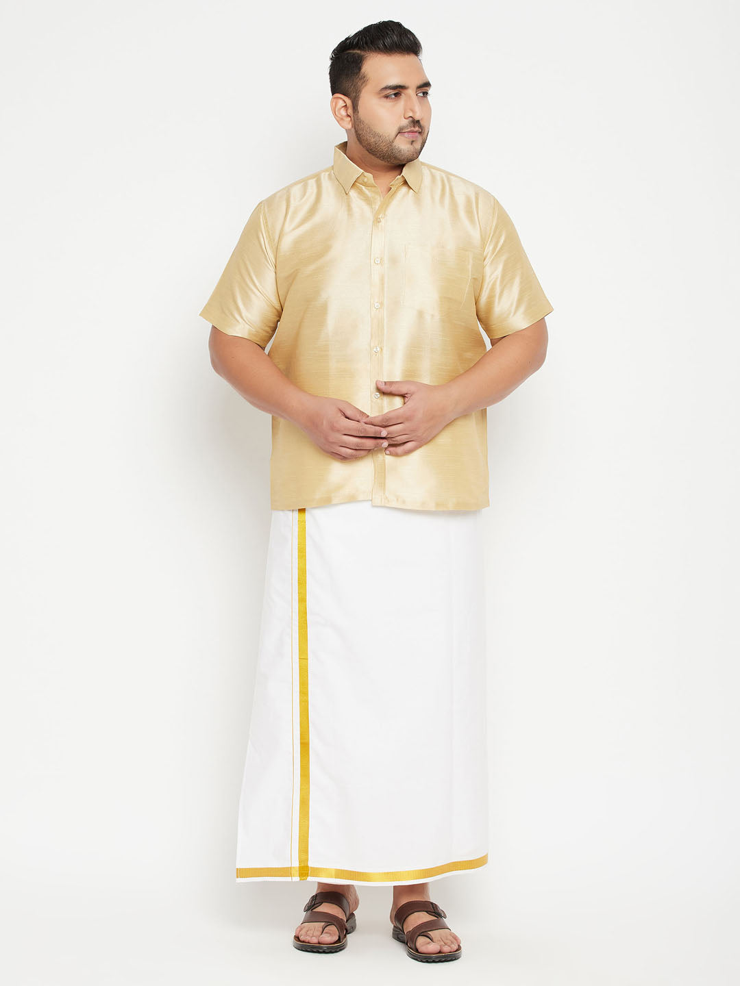 Men's Plus Gold And White Silk Blend Shirt And Mundu Set - Vastramay