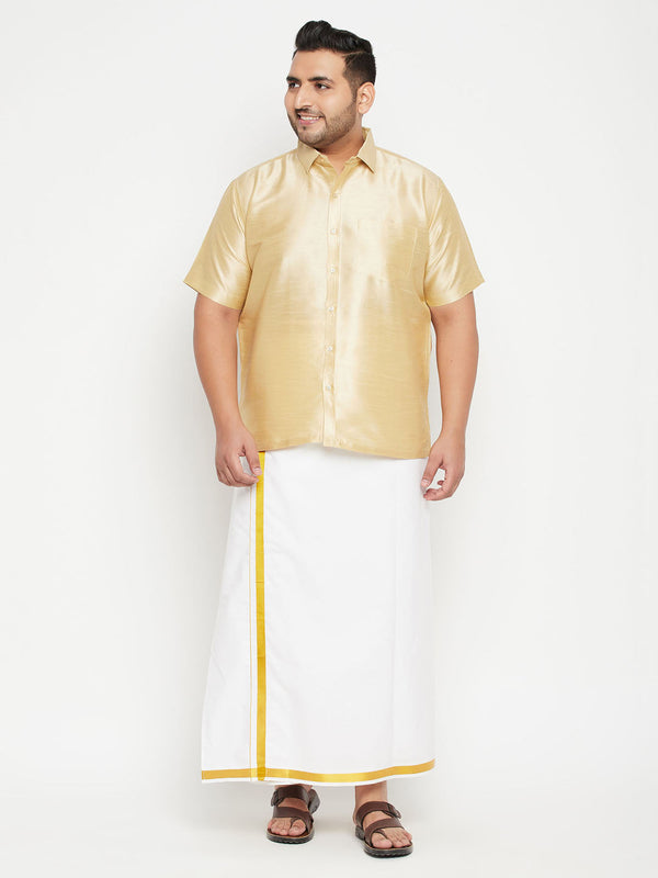 Jashvi Men's Plus Size Gold And White Silk Blend Shirt And Mundu Set