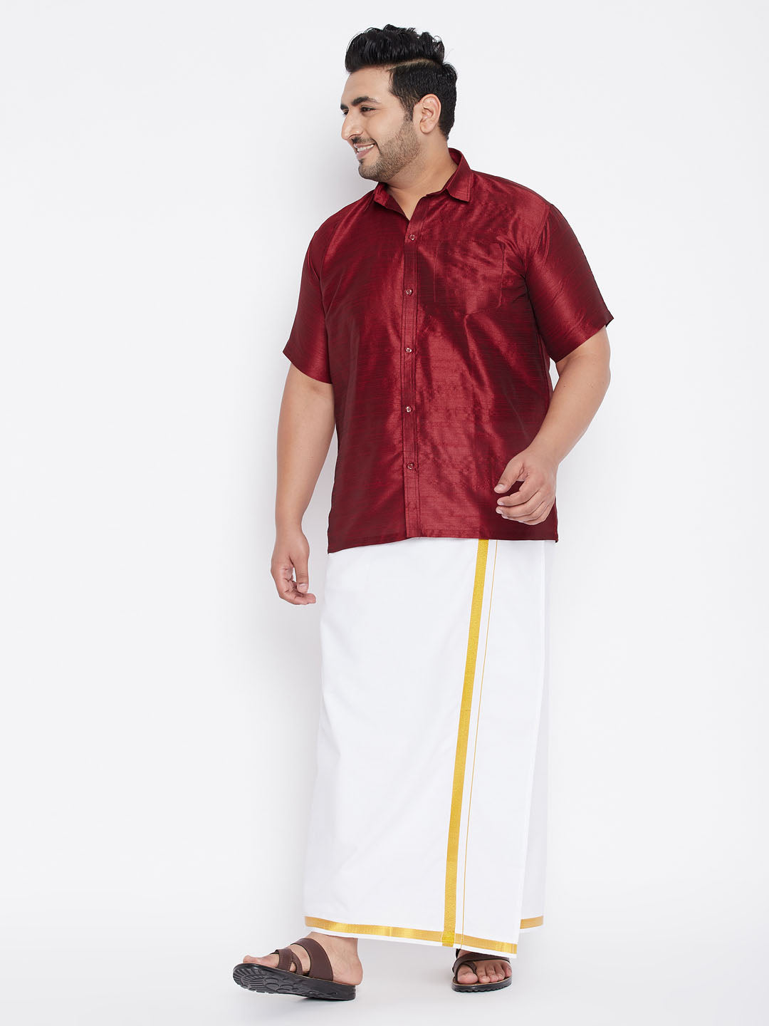 Men's Plus Maroon And White Silk Blend Shirt And Mundu Set - Vastramay