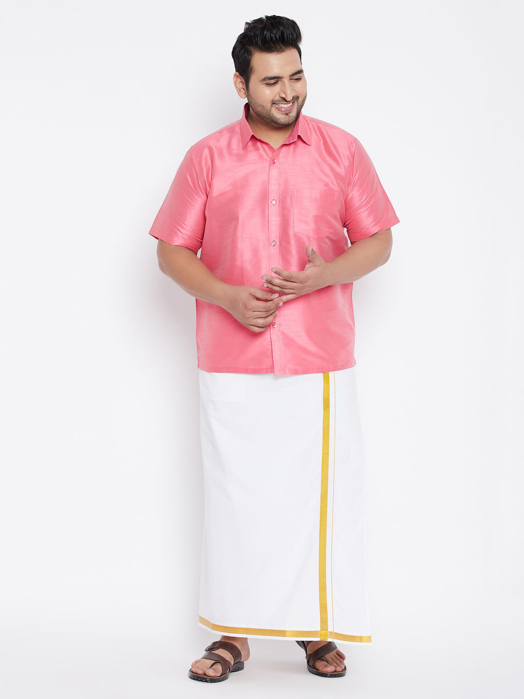 Men's Plus Pink And White Silk Blend Shirt And Mundu Set - Vastramay