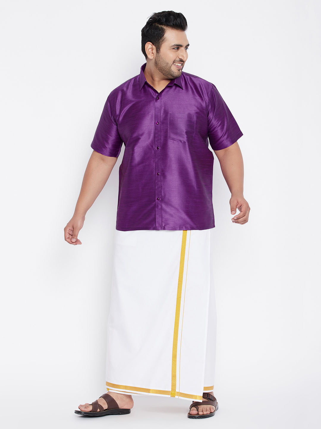 Men's Plus Purple And White Silk Blend Shirt And Mundu Set - Vastramay