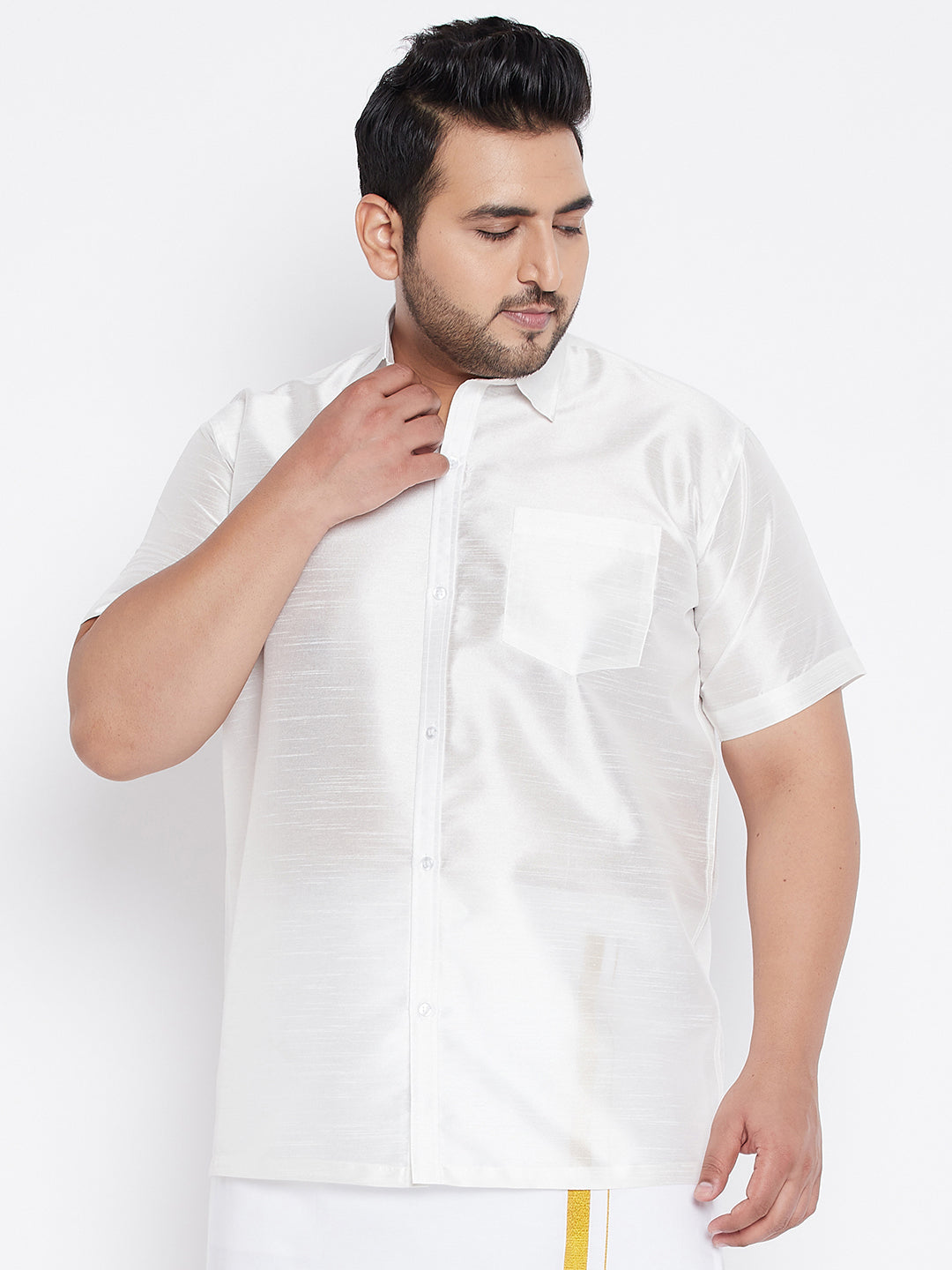 Men's Plus White Silk Blend Ethnic Shirt - Vastramay