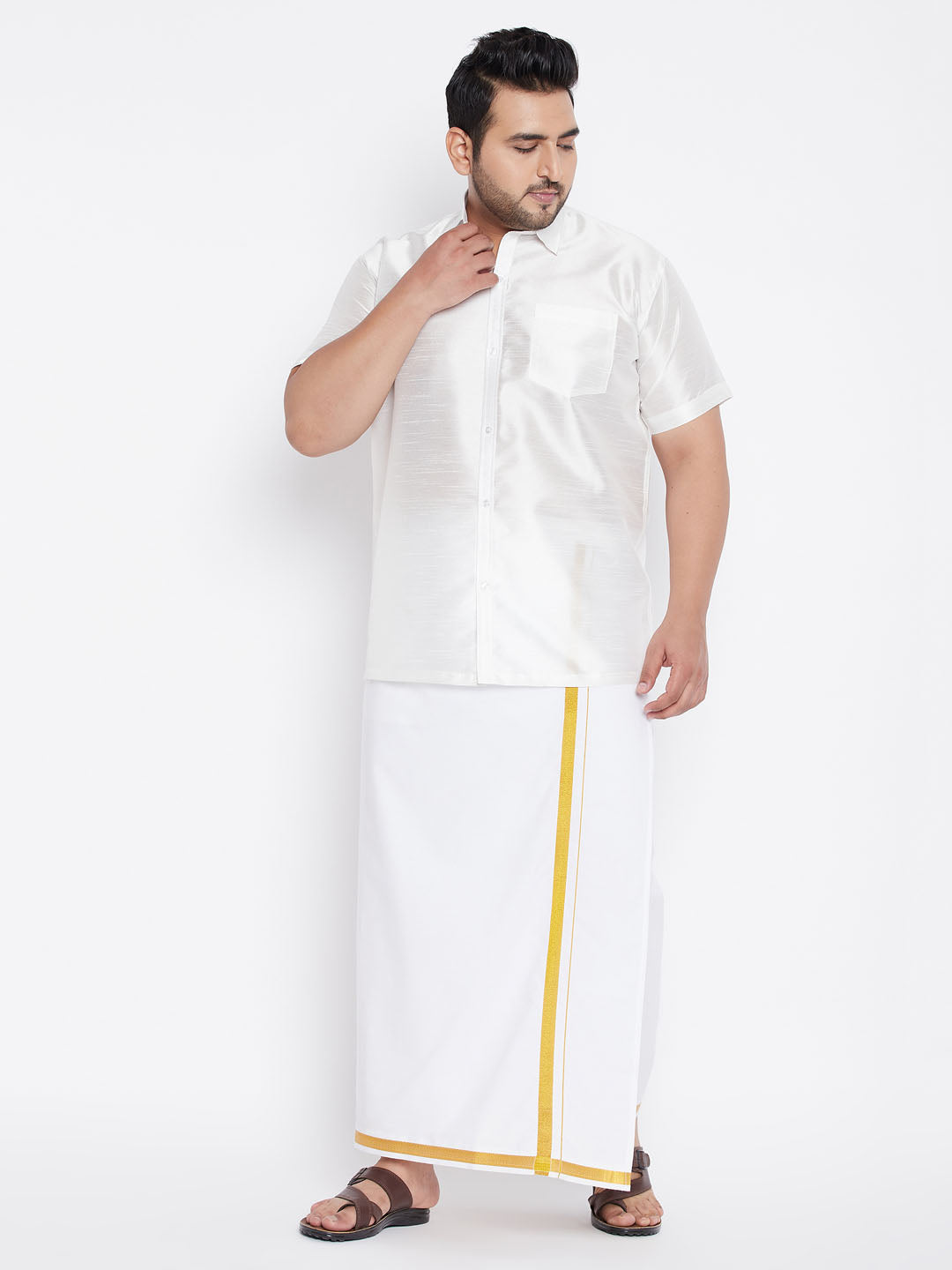 Men's Plus White Silk Blend Shirt And Mundu Set - Vastramay
