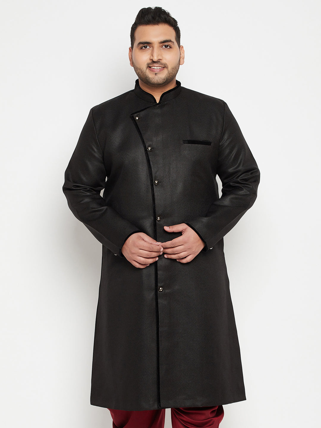 Men's Plus Black Silk Blend Sherwani Top - Vastramay