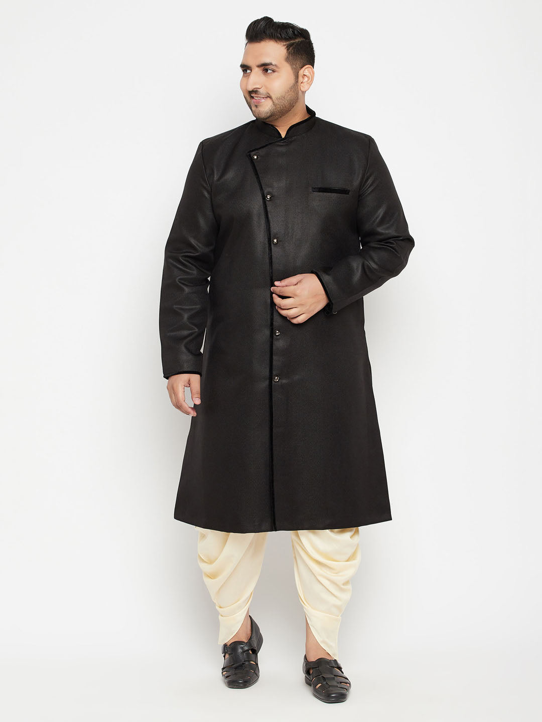 Men's Plus Black And Gold Silk Blend Sherwani Set - Vastramay