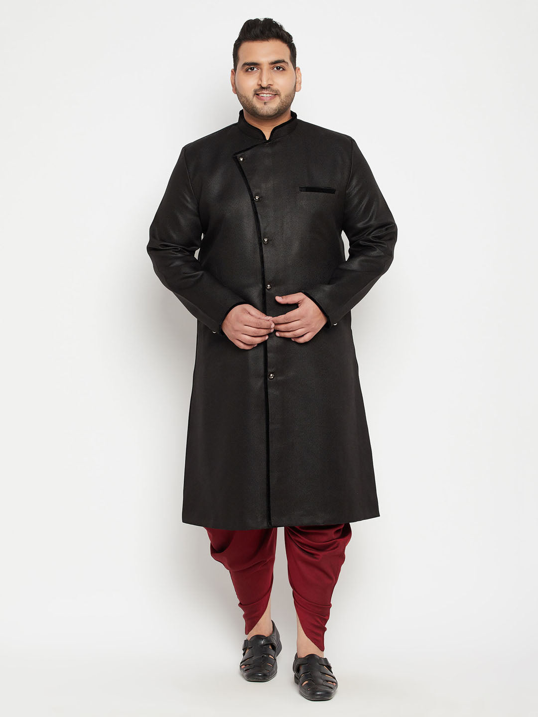 Men's Plus Black And Maroon Silk Blend Sherwani Set - Vastramay