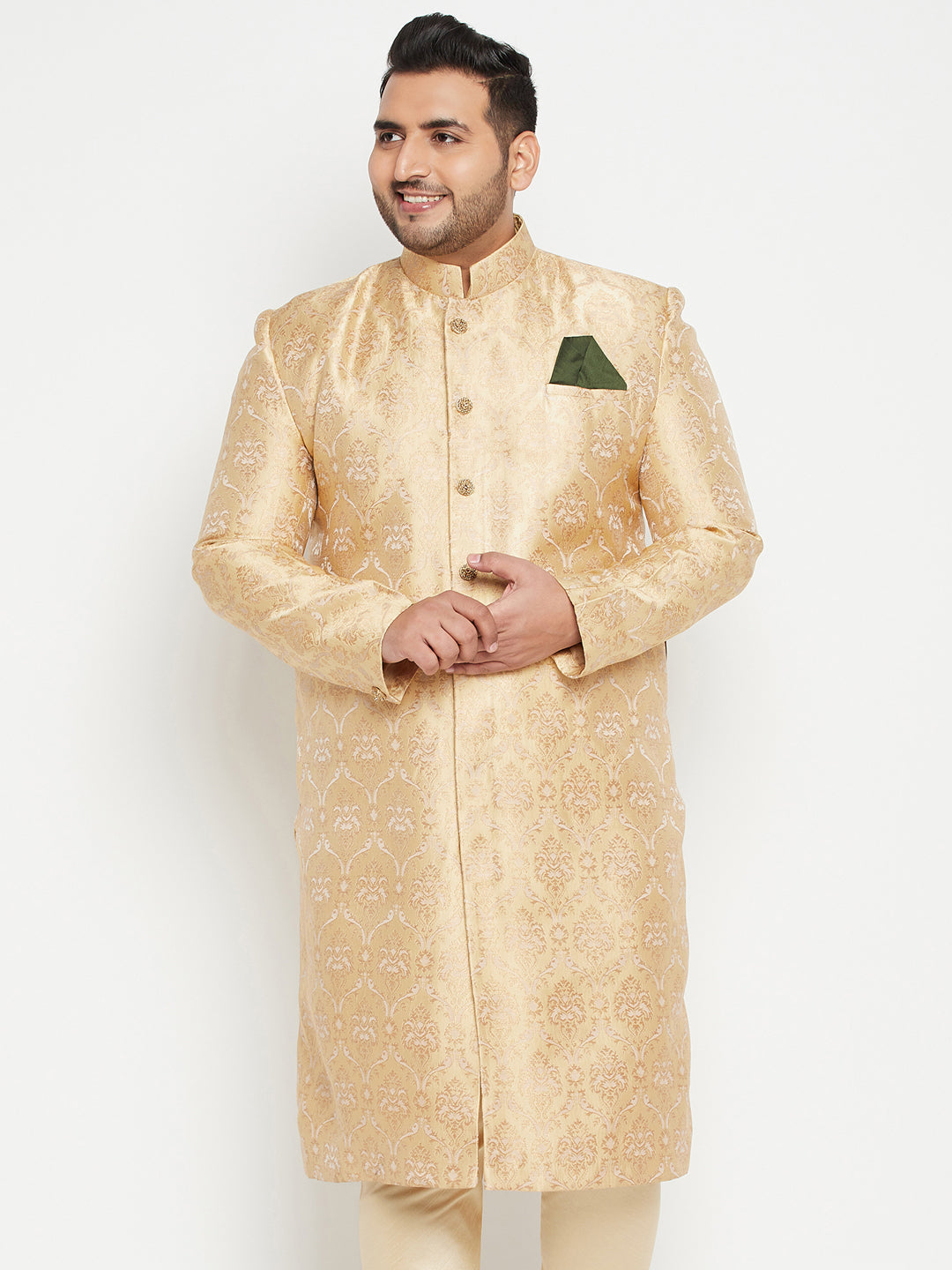 Men's Plus Gold Silk Blend Sherwani Top - Vastramay