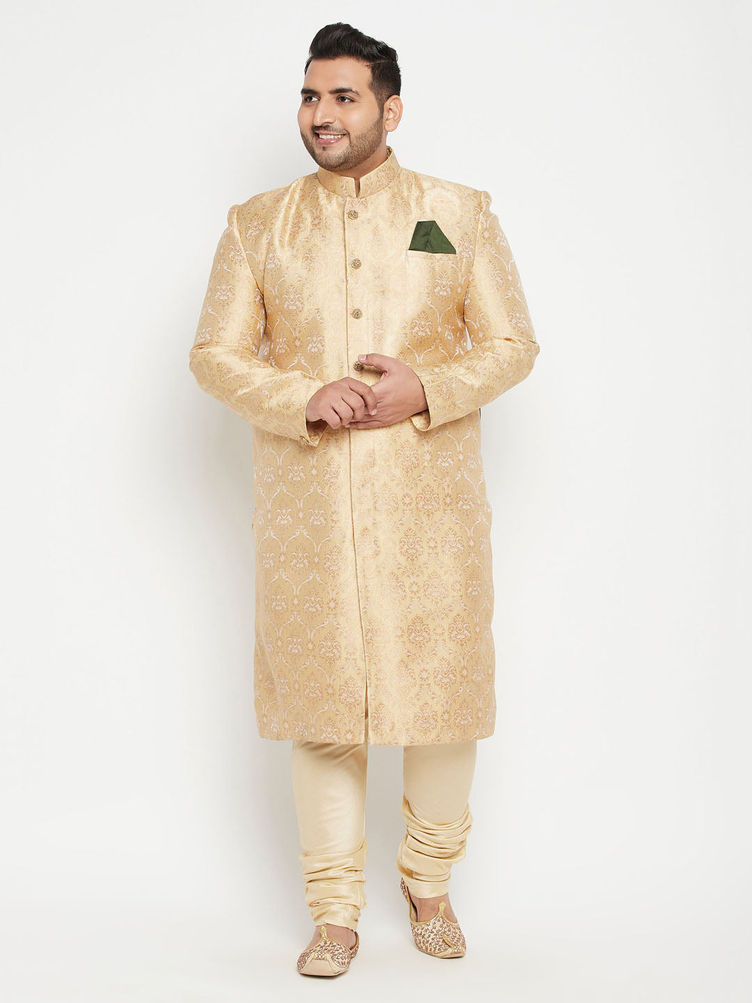 Men's Plus Gold And Beige Silk Blend Sherwani Set - Vastramay