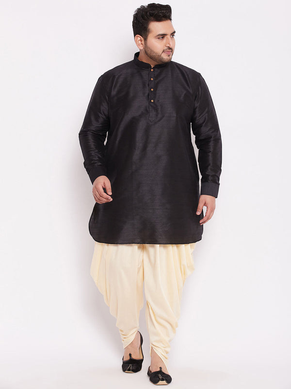 Jashvi Men's Plus Size Black Silk Blend Curved Kurta Dhoti Set