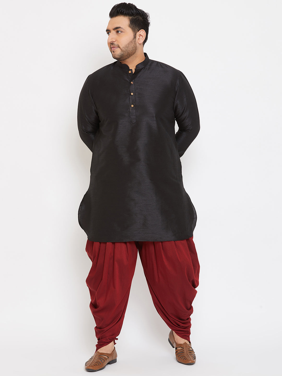 Men's Plus Black And Maroon Silk Blend Kurta And Dhoti Set - Vastramay