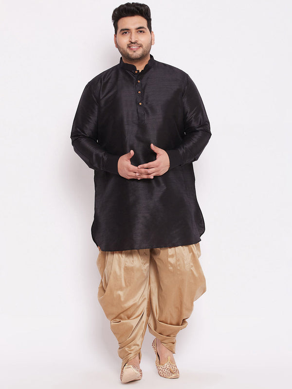 Jashvi Men's Plus Size Black Silk Blend Curved Kurta Dhoti Set