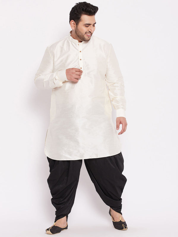 Jashvi Men's Plus Size Cream Silk Blend Curved Kurta Dhoti Set