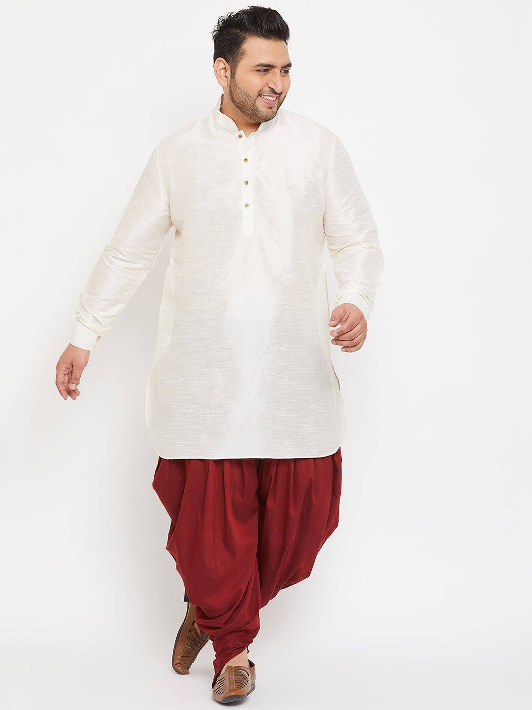 Men's Plus Cream And Maroon Silk Blend Kurta And Dhoti Set - Vastramay