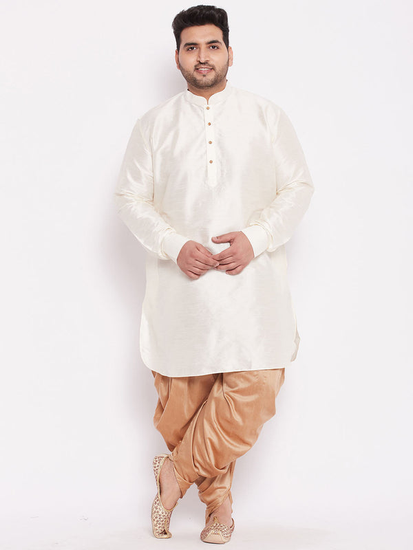 Jashvi Men's Plus Size Cream Silk Blend Curved Kurta Dhoti Set