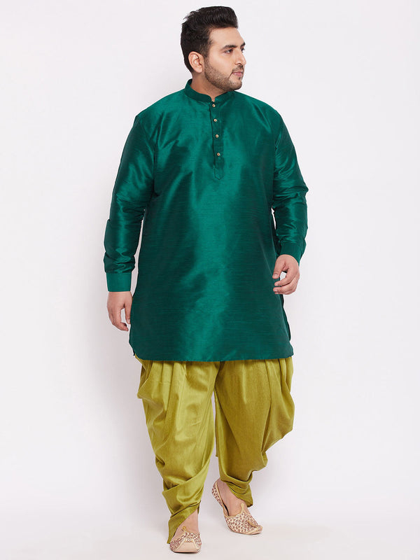 Jashvi Men's Plus Size Green Silk Blend Curved Kurta Dhoti Set