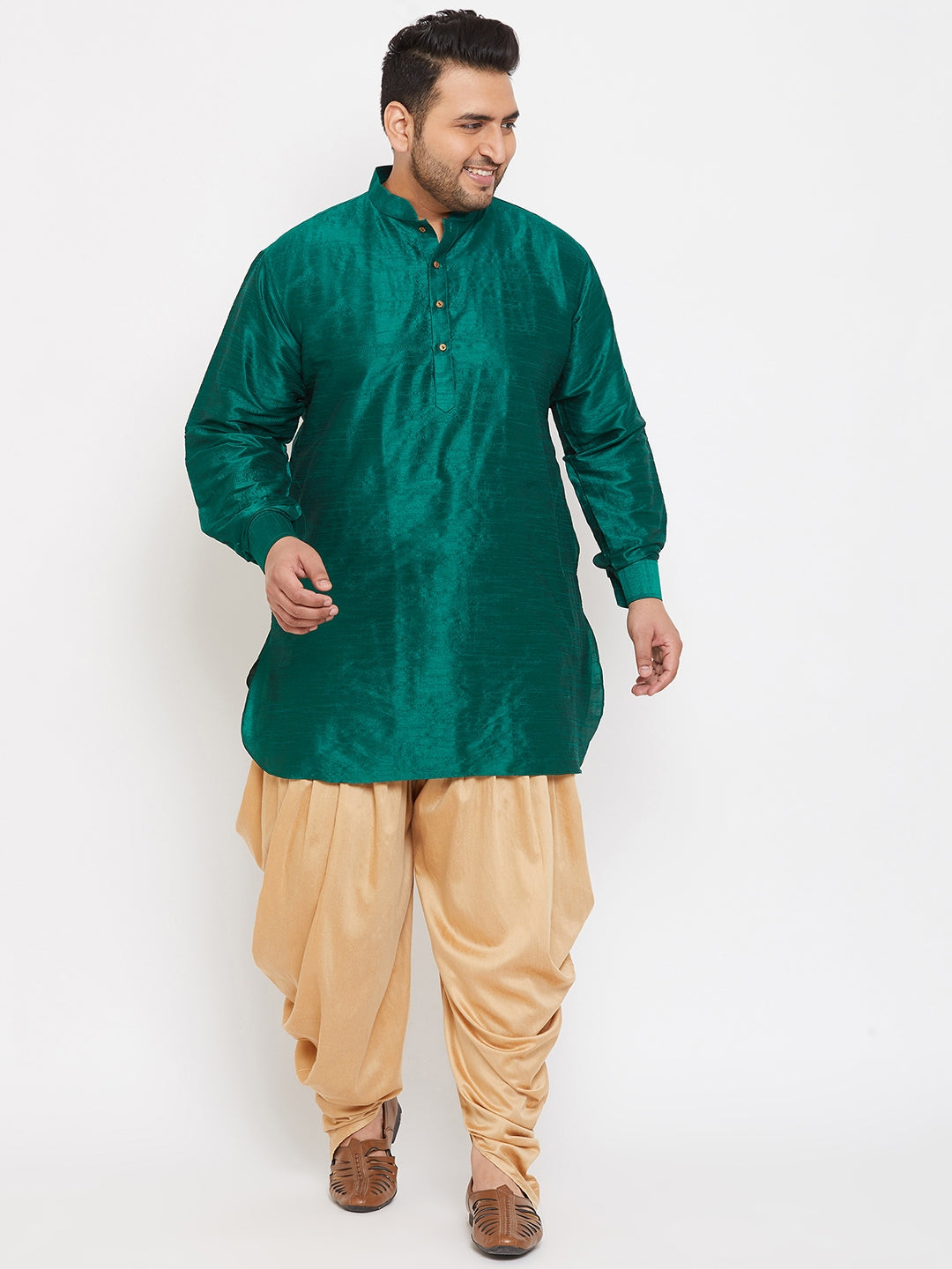 Men's Plus Green And Rose Gold Silk Blend Kurta And Dhoti Set - Vastramay