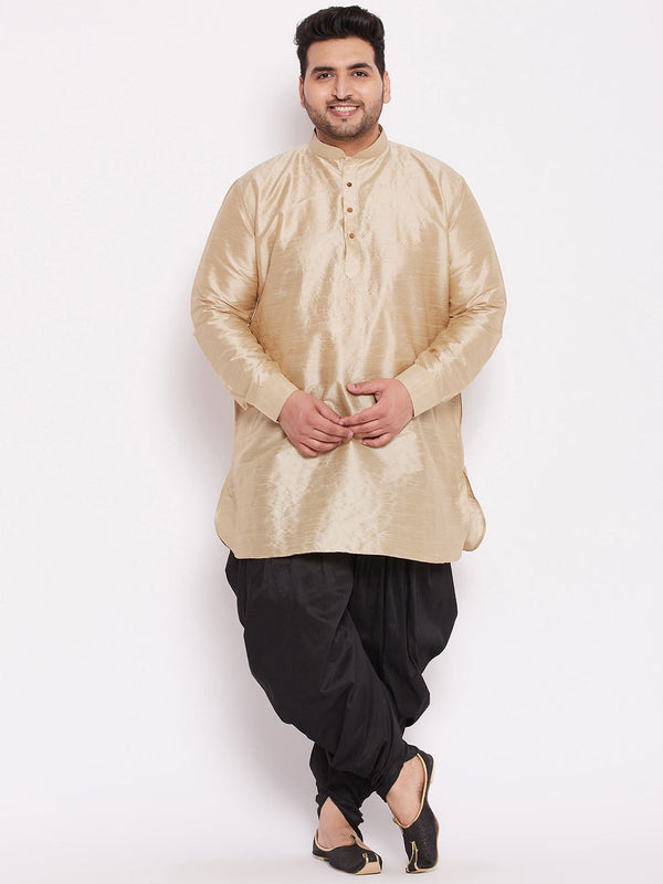 Jashvi Men's Plus Size Golden Silk Blend Curved Kurta Dhoti Set