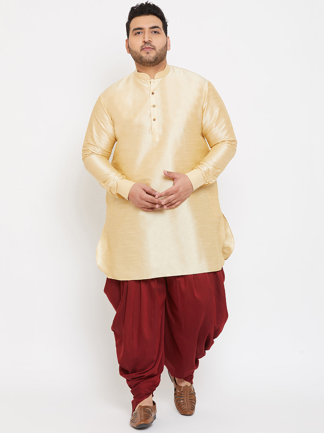 Men's Plus Gold And Maroon Silk Blend Kurta And Dhoti Set - Vastramay