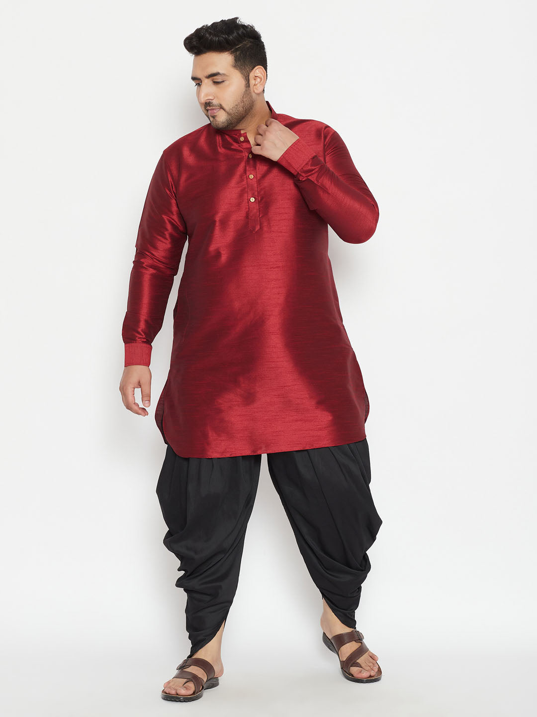 Men's Plus Maroon And Black Silk Blend Kurta And Dhoti Set - Vastramay