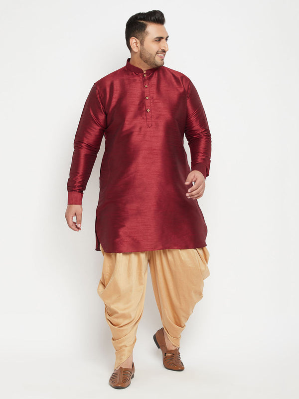 Jashvi Men's Plus Size Maroon Silk Blend Curved Kurta Dhoti Set