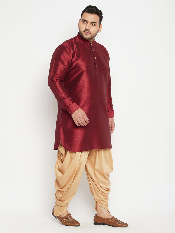 Men's Plus Maroon And Rose Gold Silk Blend Kurta And Dhoti Set - Vastramay