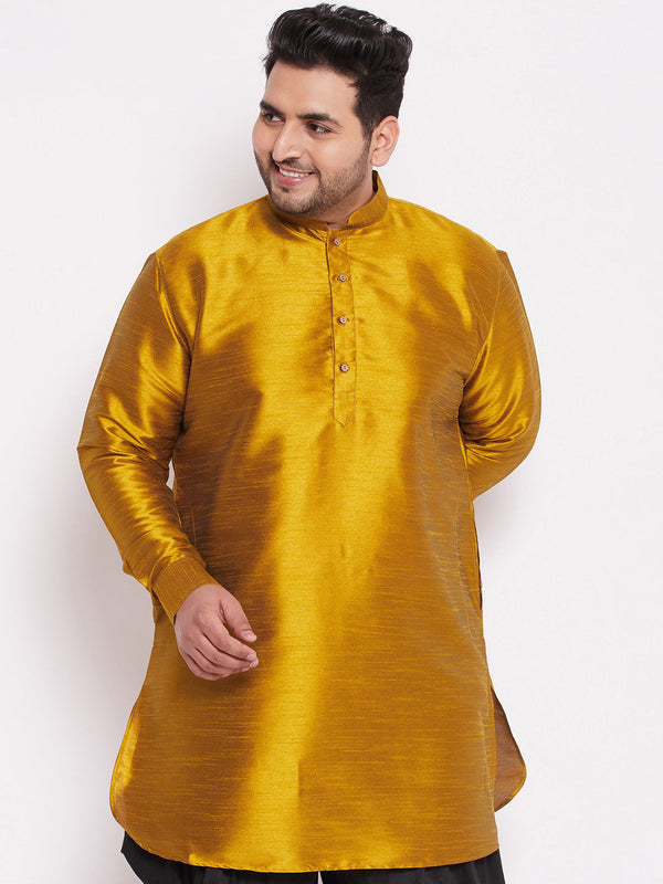 Jashvi Men's Plus Size Mustard Silk Blend Curved Kurta