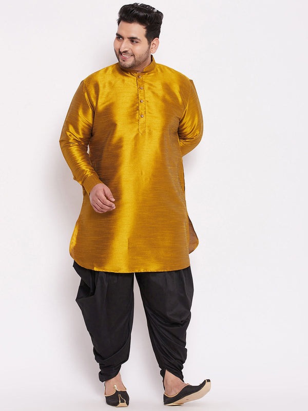 Jashvi Men's Plus Size Mustard Silk Blend Curved Kurta Dhoti Set