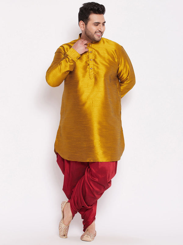 Jashvi Men's Plus Size Mustard Silk Blend Curved Kurta Dhoti Set