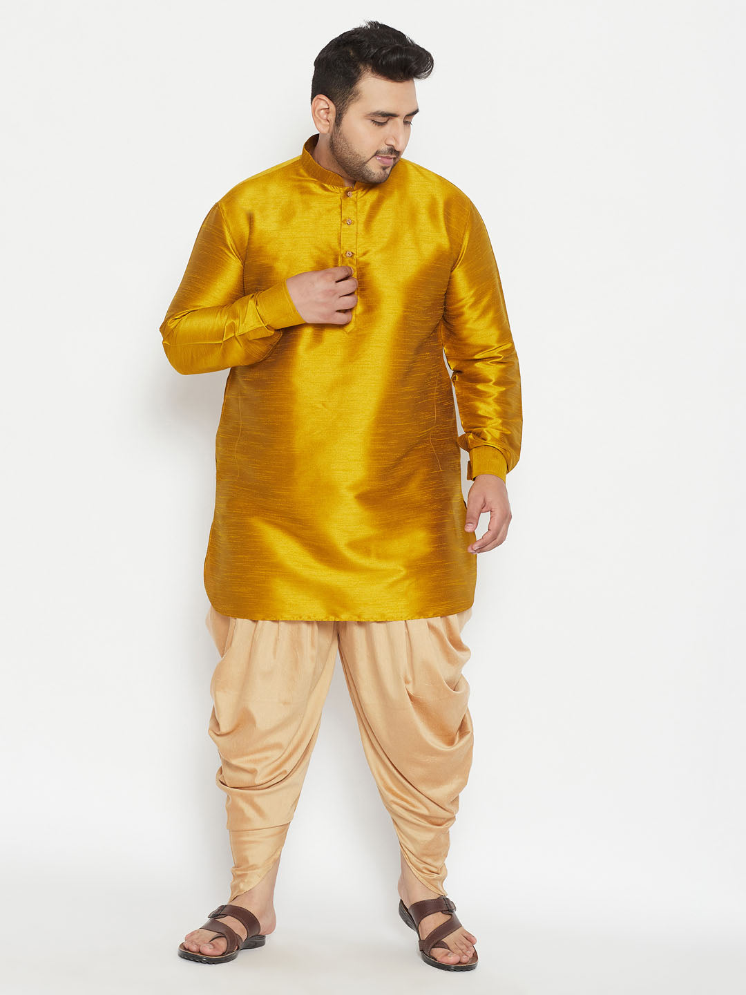 Men's Plus Mustard And Rose Gold Silk Blend Kurta And Dhoti Set - Vastramay