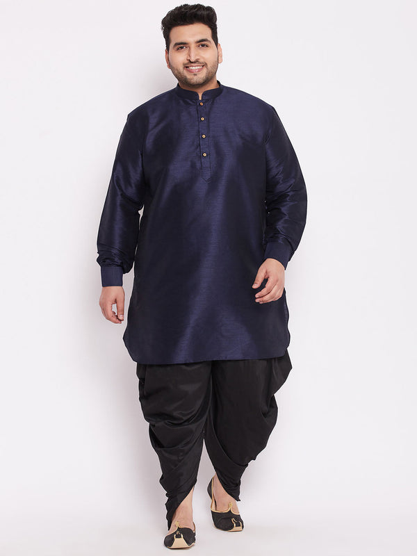 Jashvi Men's Plus Size Navy Blue Silk Blend Curved Kurta Dhoti Set