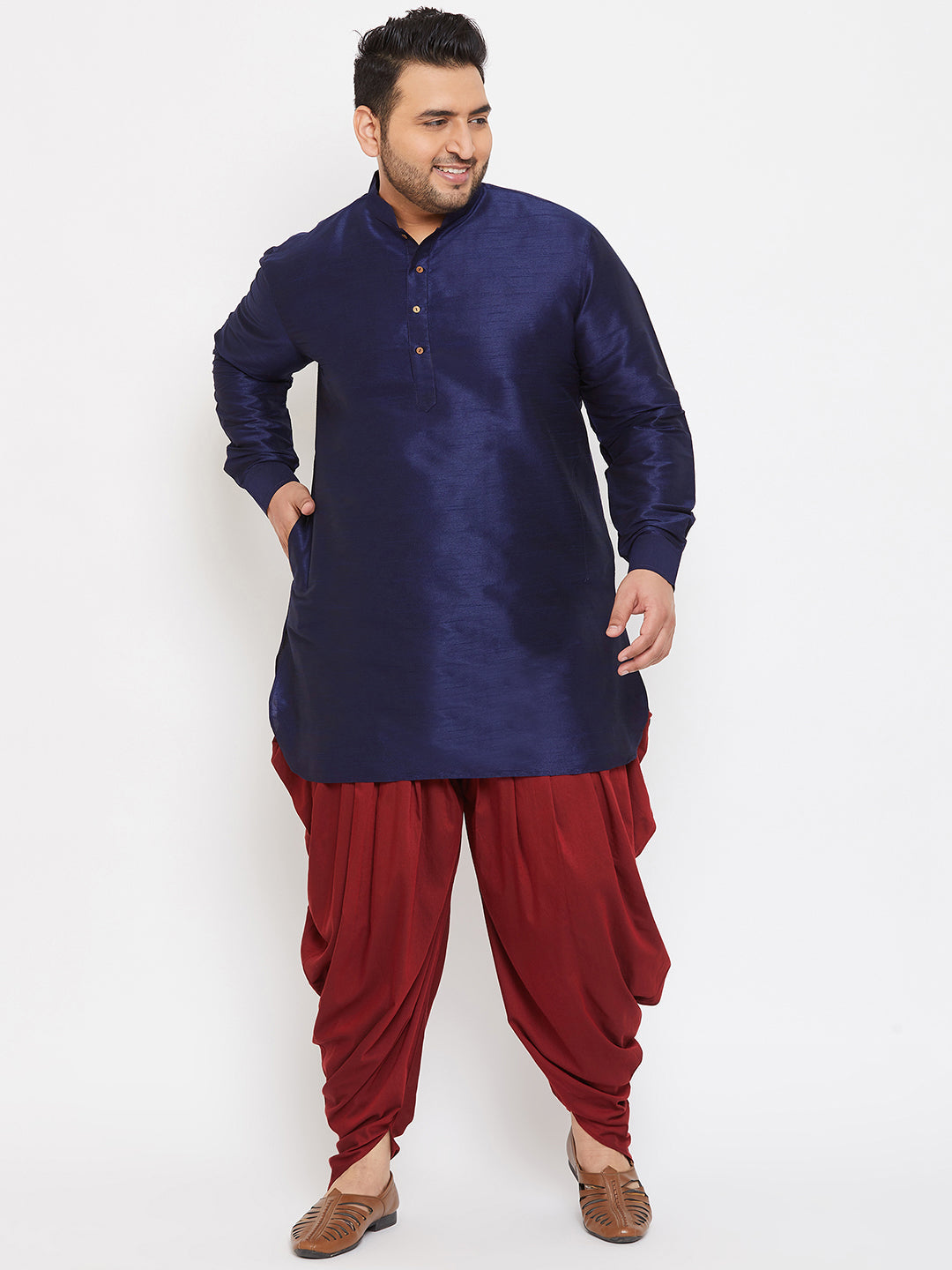 Men's Plus Navy Blue And Maroon Silk Blend Kurta And Dhoti Set - Vastramay