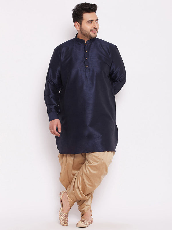 Jashvi Men's Plus Size Navy Blue Silk Blend Curved Kurta Dhoti Set